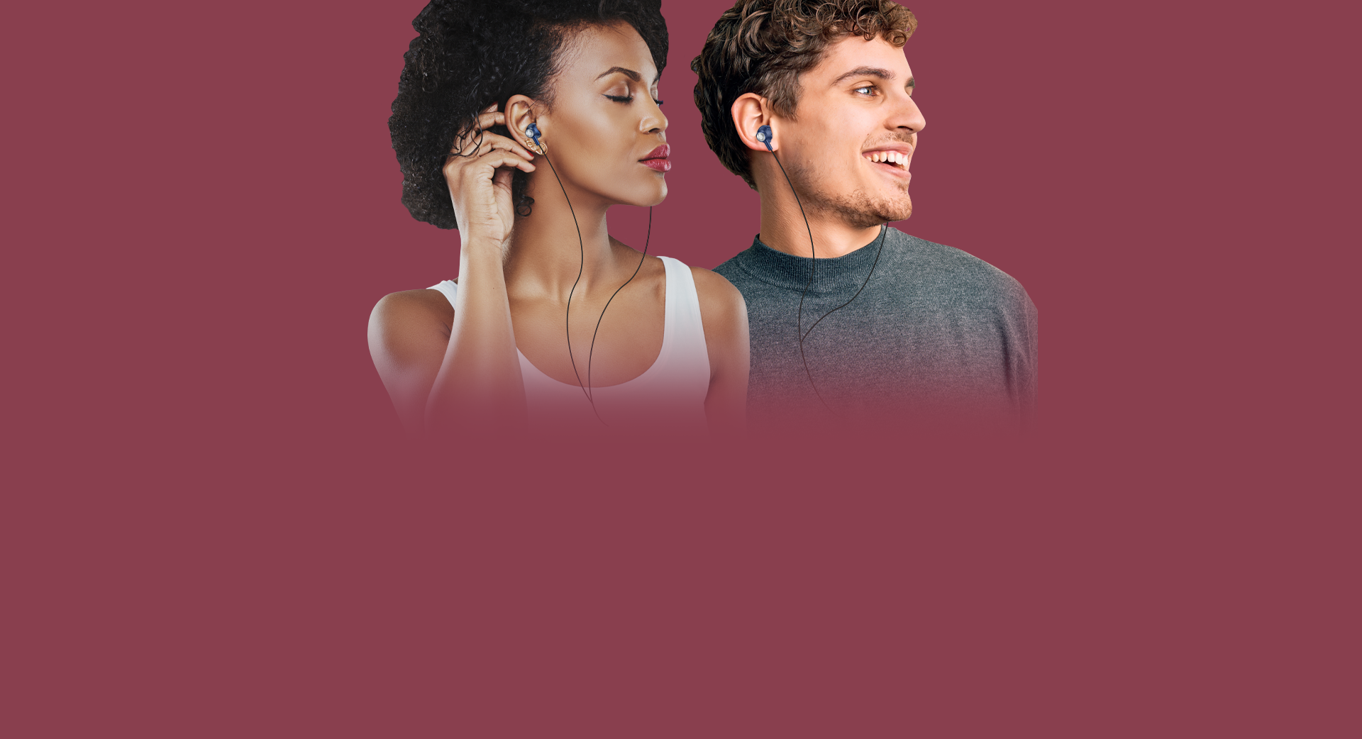Woman model with curly hair wearing FINGERS Beautific2 Wired Earphones Lost In The World Of Music | Male model Enjoying Music With FINGERS Beautific2 Wired Earphones 
