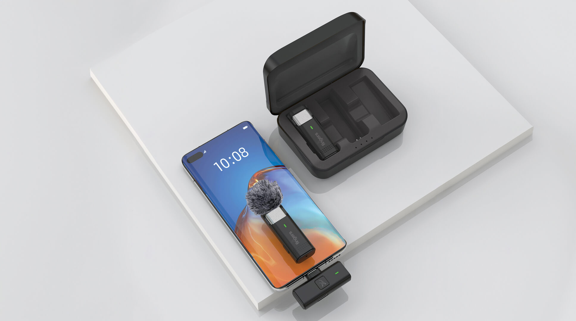 FINGERS Duo PhoneMic Connected to Phone One Receiver Placed Inside Charging Case