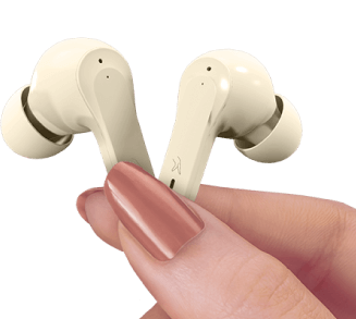 A Hand Holding Right and Left Side Earbuds Of FINGERS EarTunes TWS
