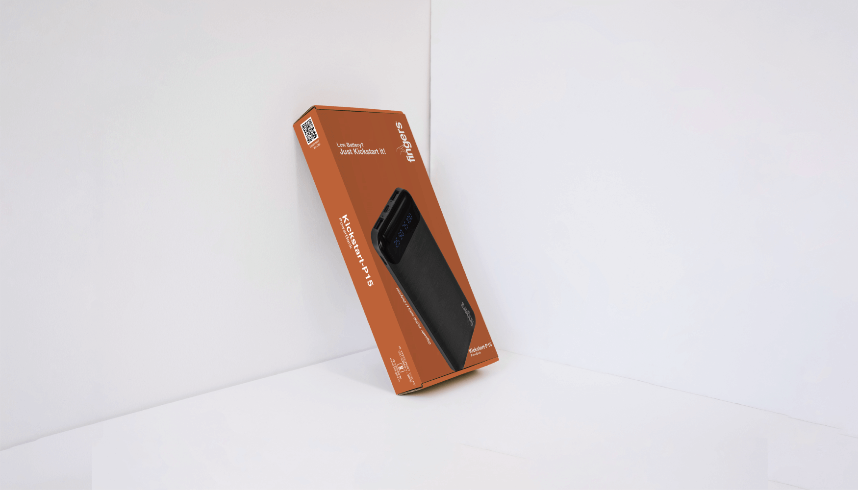 A Brown Color Packaging Of FINGERS Kickstart K15 Power Bank Perfect For Travel
