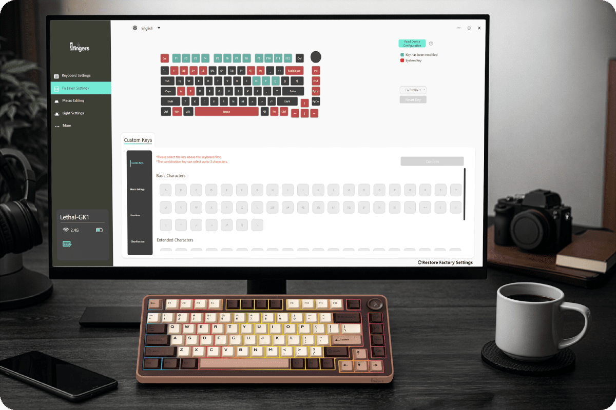 QuikFINGERS Lethal GK1 customizable keyboard connected to a computer showing software support for fully programmable keys