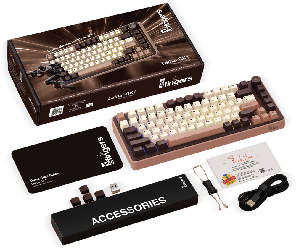 QuikFINGERS Lethal GK1 mechanical keyboard with retail box and accessories