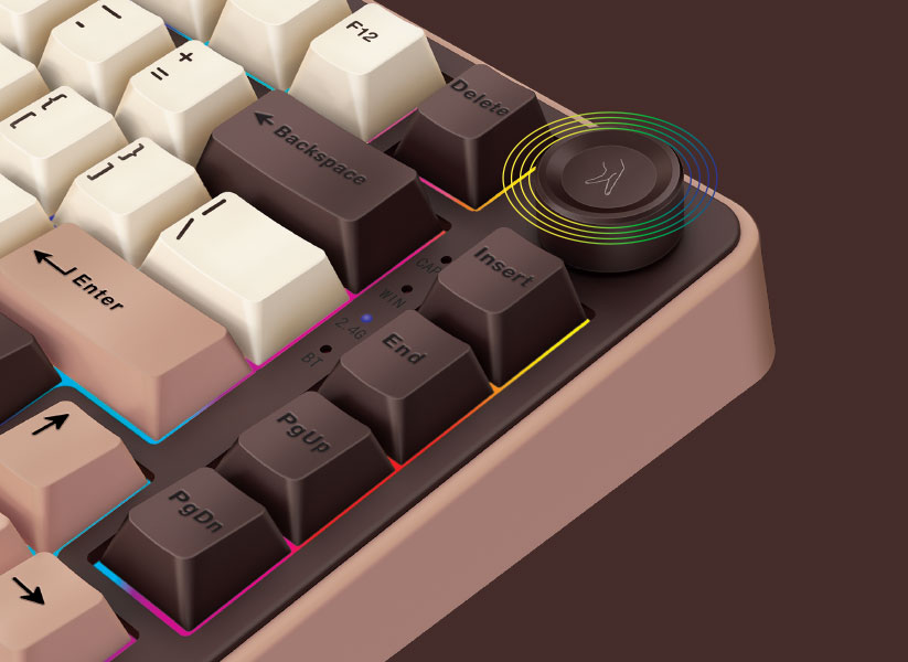 QuikFINGERS Lethal GK1 tri mode keyboard highlighting multi function control knob for easy volume and settings adjustment