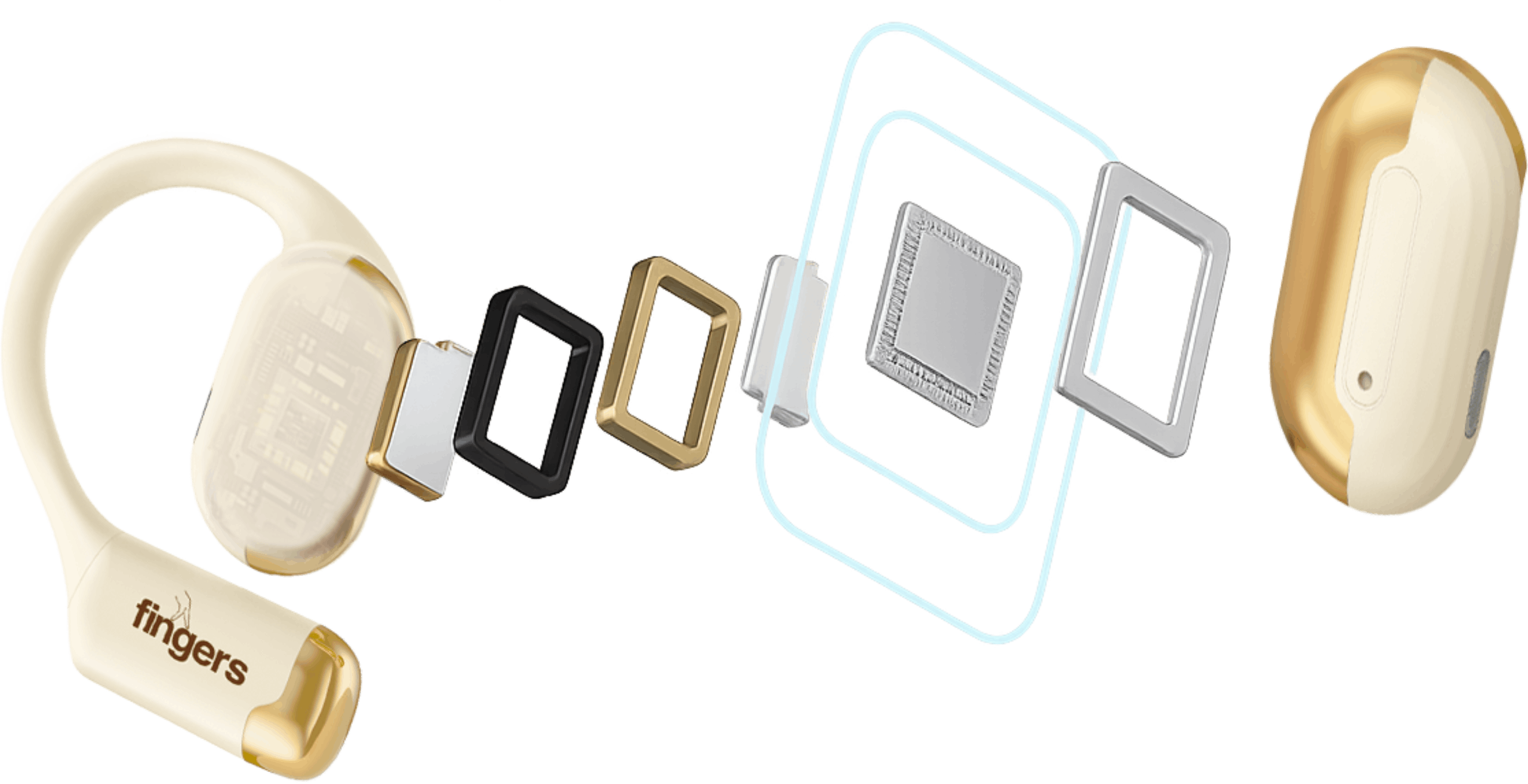 Deconstructed view of FINGERS OWaveS OWS Earbuds