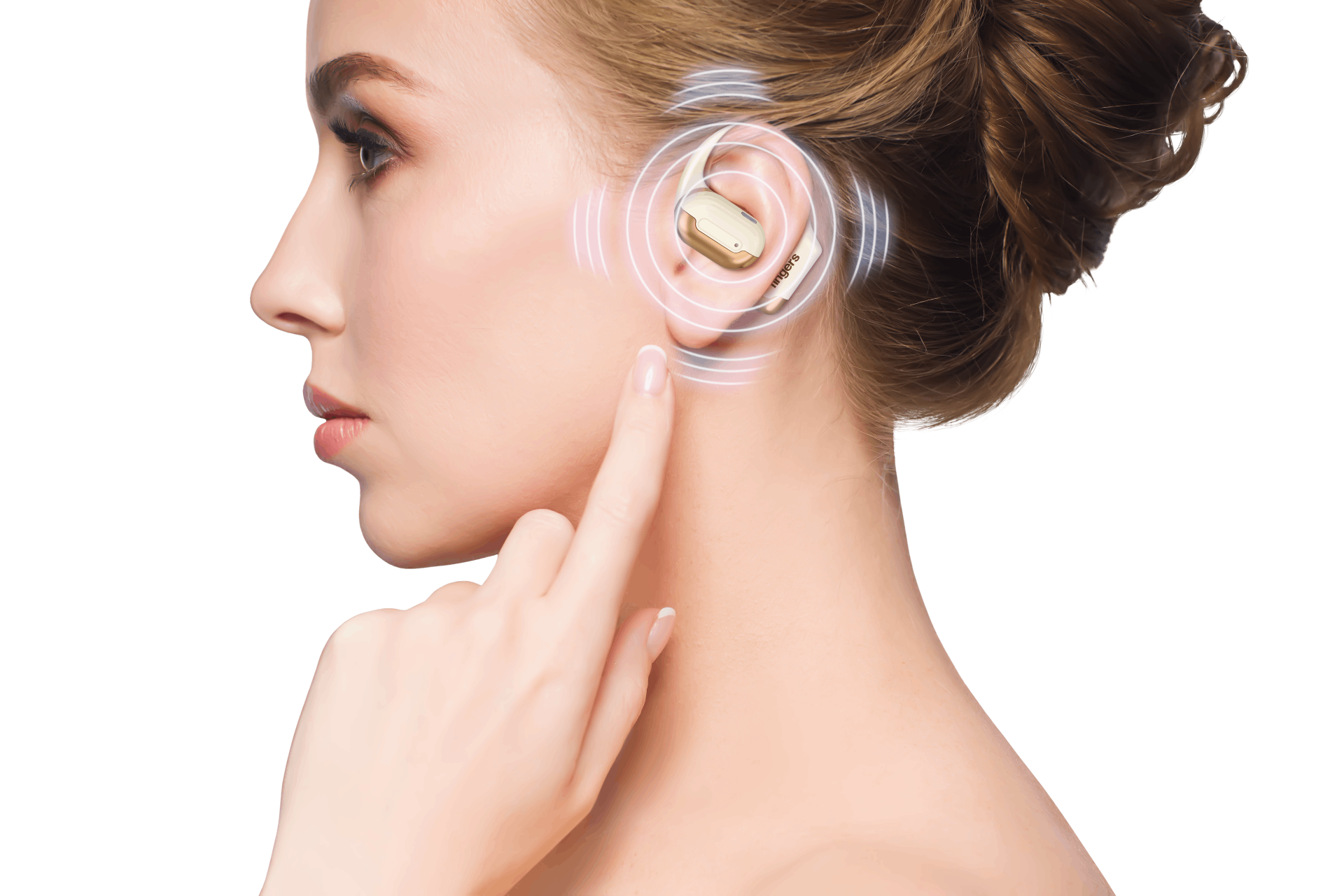 Model wearing a FINGERS OWaveS lightweight earbuds and kepted her finger near to ear