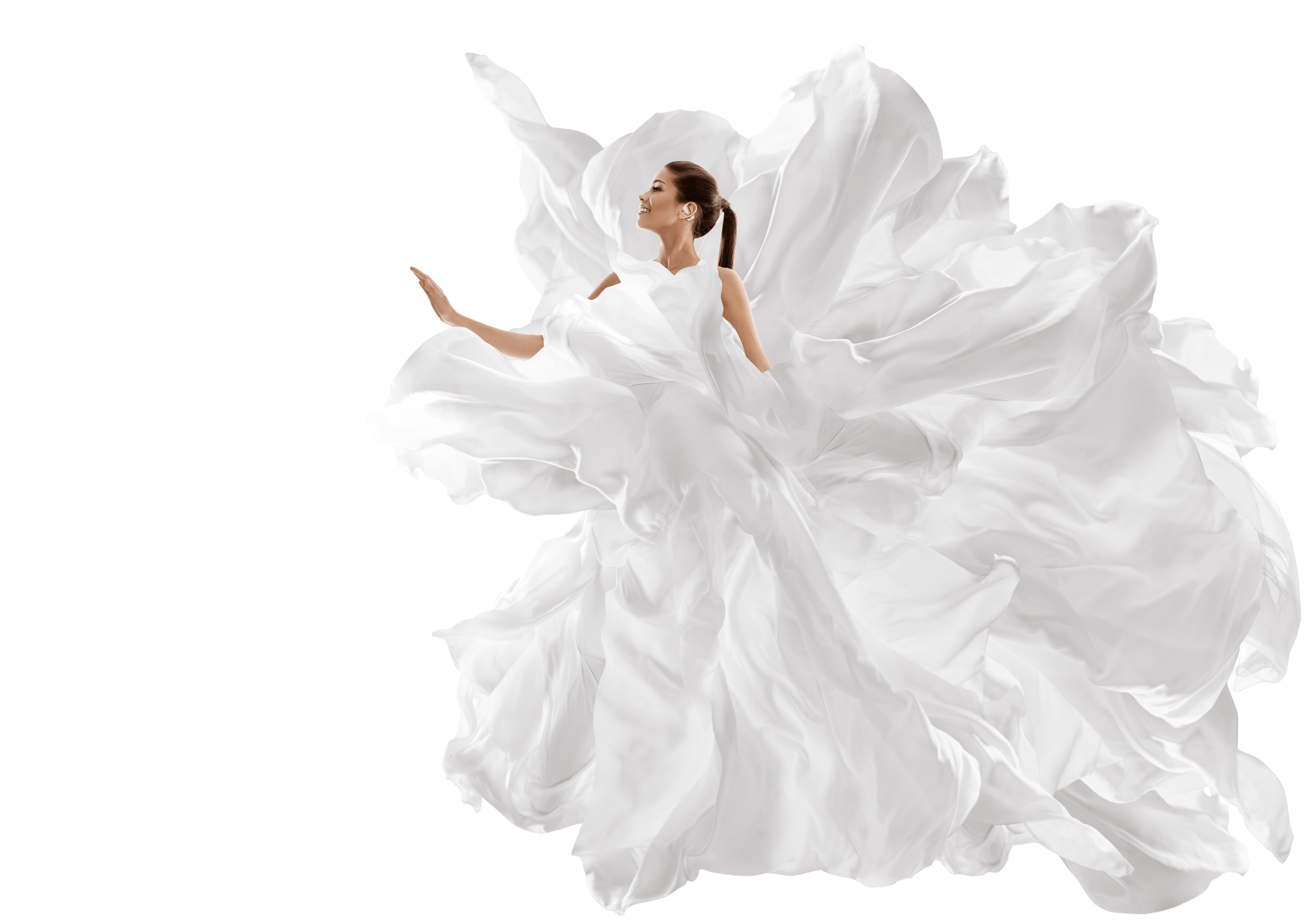 Woman wearing a large flowing white dress and wore FINGERS OWaveS open ear tws