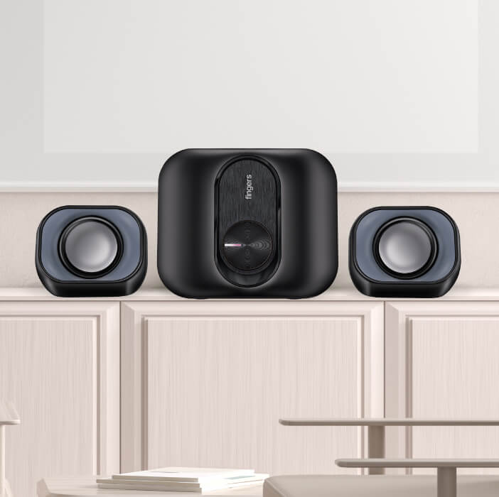 FINGERS StereoBeats 2.1 Speaker placed in a desk, giving the space a clean, minimal & stylish look