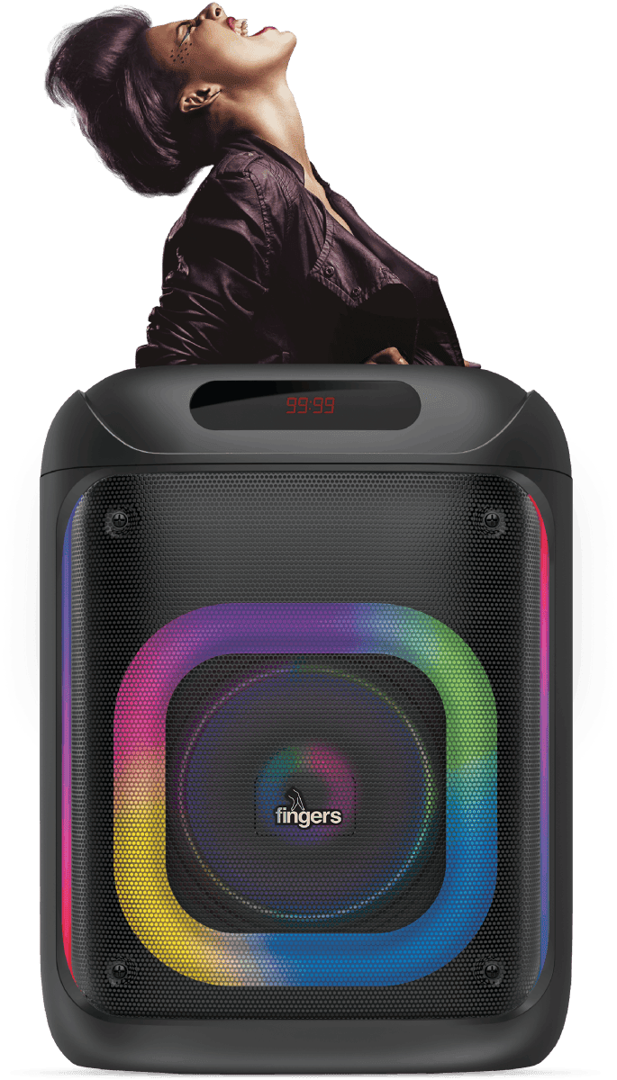 A woman enjoys music with FINGERS 2Mic ThunderBox45 party speaker