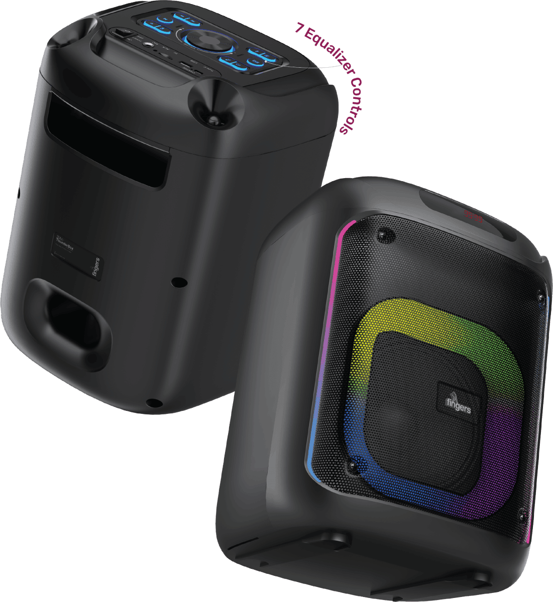 Two black FINGERS 2Mic ThunderBox45 rechargeable speakers with controls and 7 presets RGB light modes