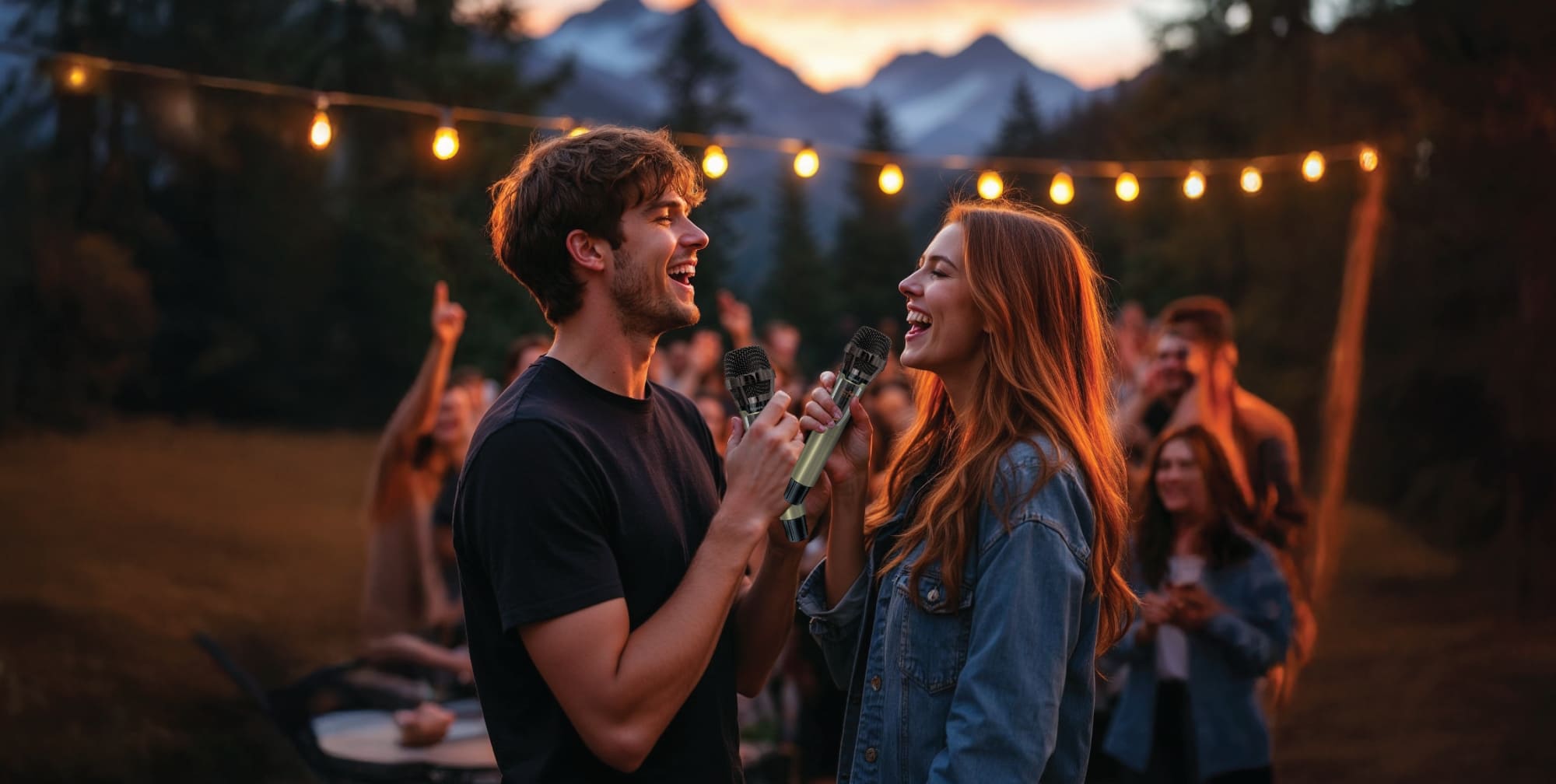 A woman sings karaoke at a lively outdoor party with friends