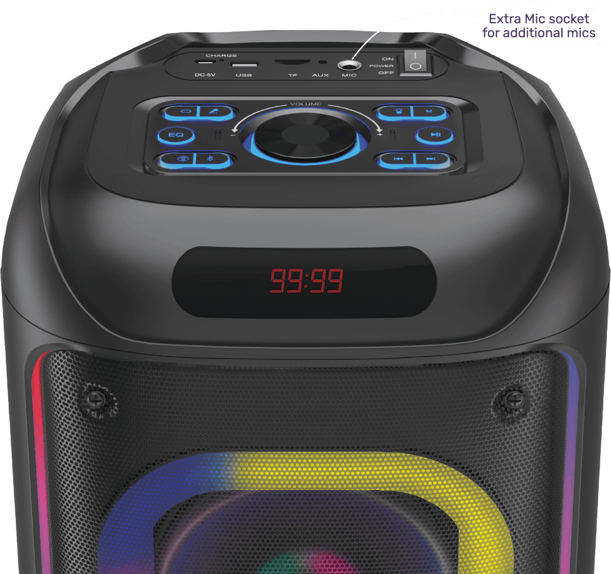 Top view of the black FINGERS 2Mic ThunderBox45 Bluetooth speaker featuring blue lit controls digital display and mic input
