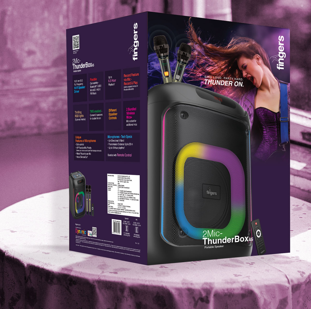 The packaging of FINGERS 2Mic ThunderBox45 portable bluetooth speaker with two microphones