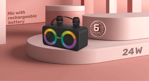 2Mic Karaoke Portable Speaker Of FINGERS Kept On Surface With Pleasant Surrounding