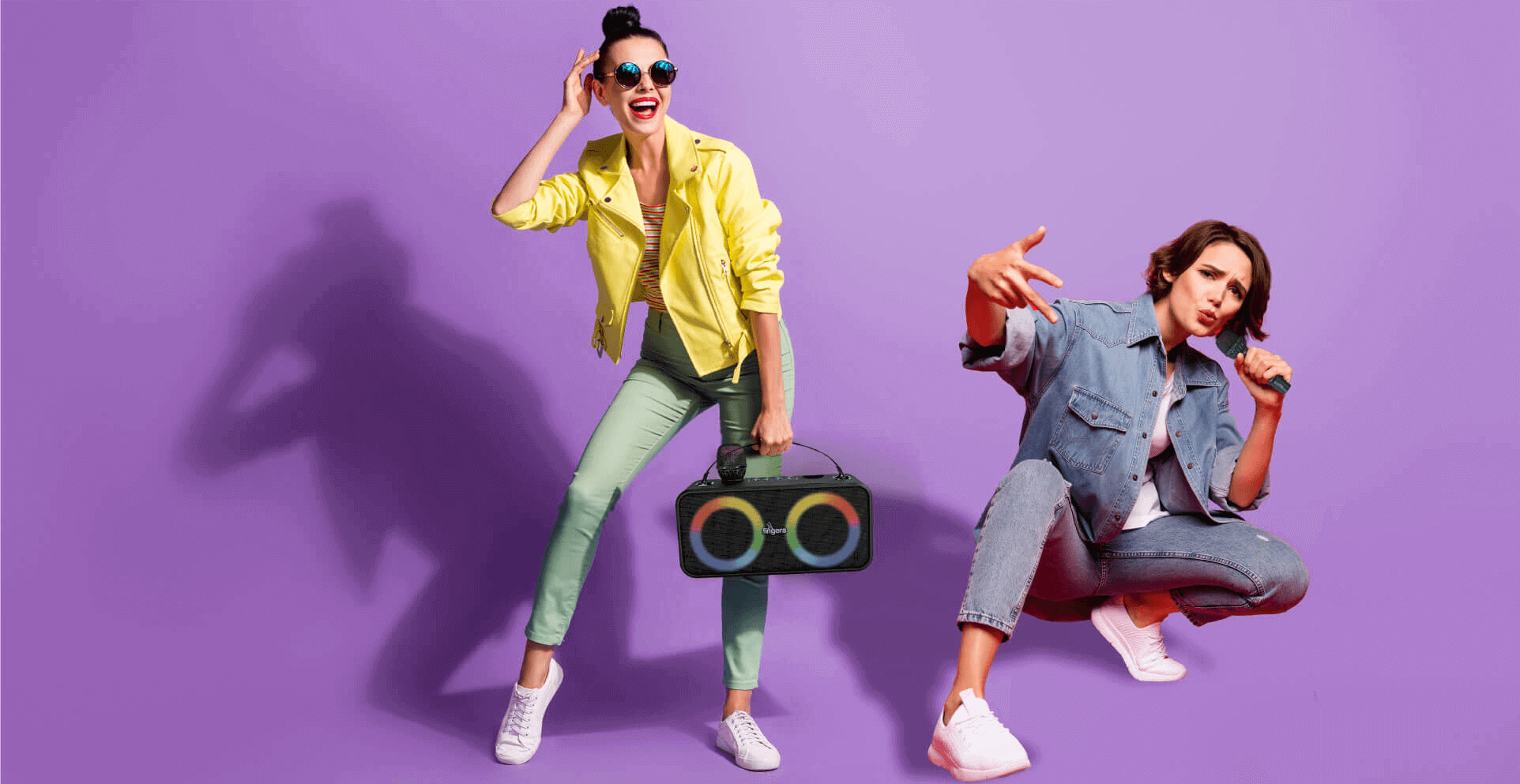 Two People Looking Joyful With FINGERS 2Mic Karaoke Portable Speaker