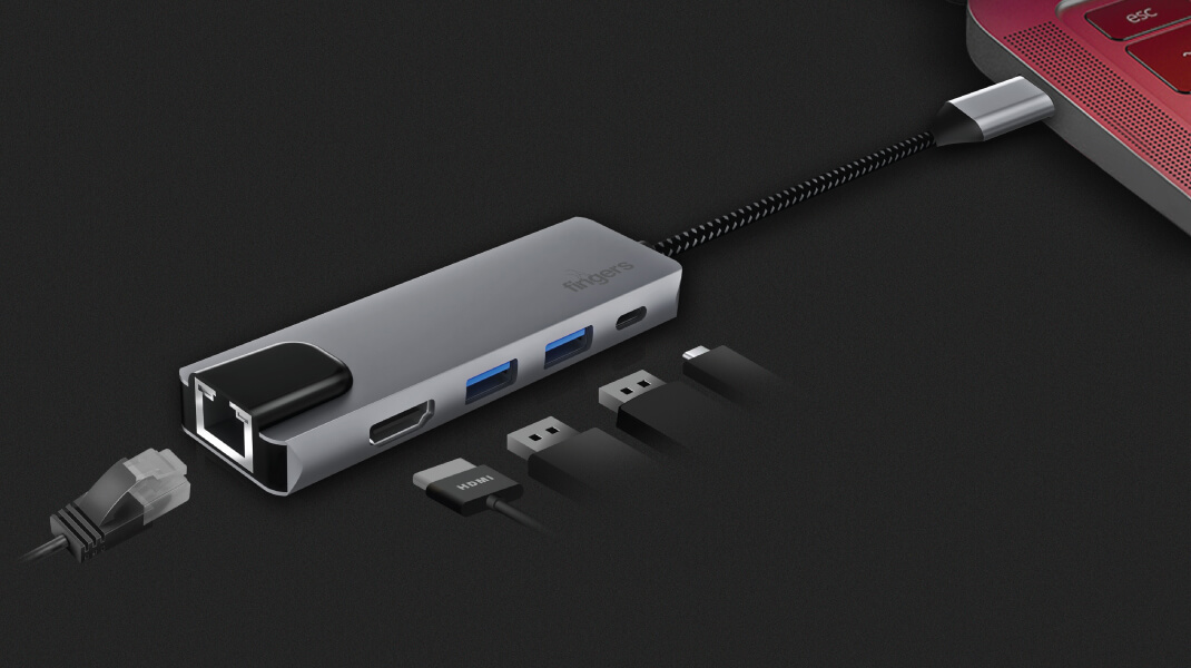 Stunning Look Of FINGERS UltimoDock 5 in 1 Type C Hub With Multiple Connecting Devices Via Available Ports With Nylon Cable Connected To Laptop