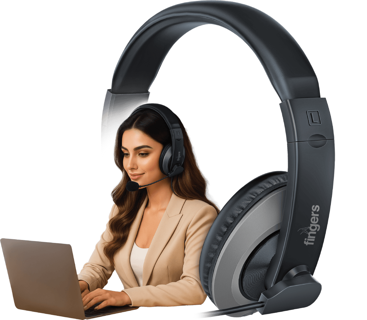 A woman working on a laptop while wearing the FINGERS USB Meet H2 wired headphone