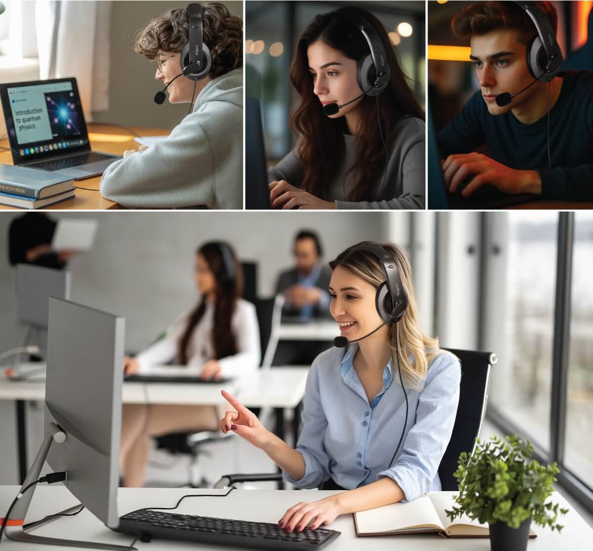A collage of professionals using the FINGERS USB Meet H2 Call Center Headset while working