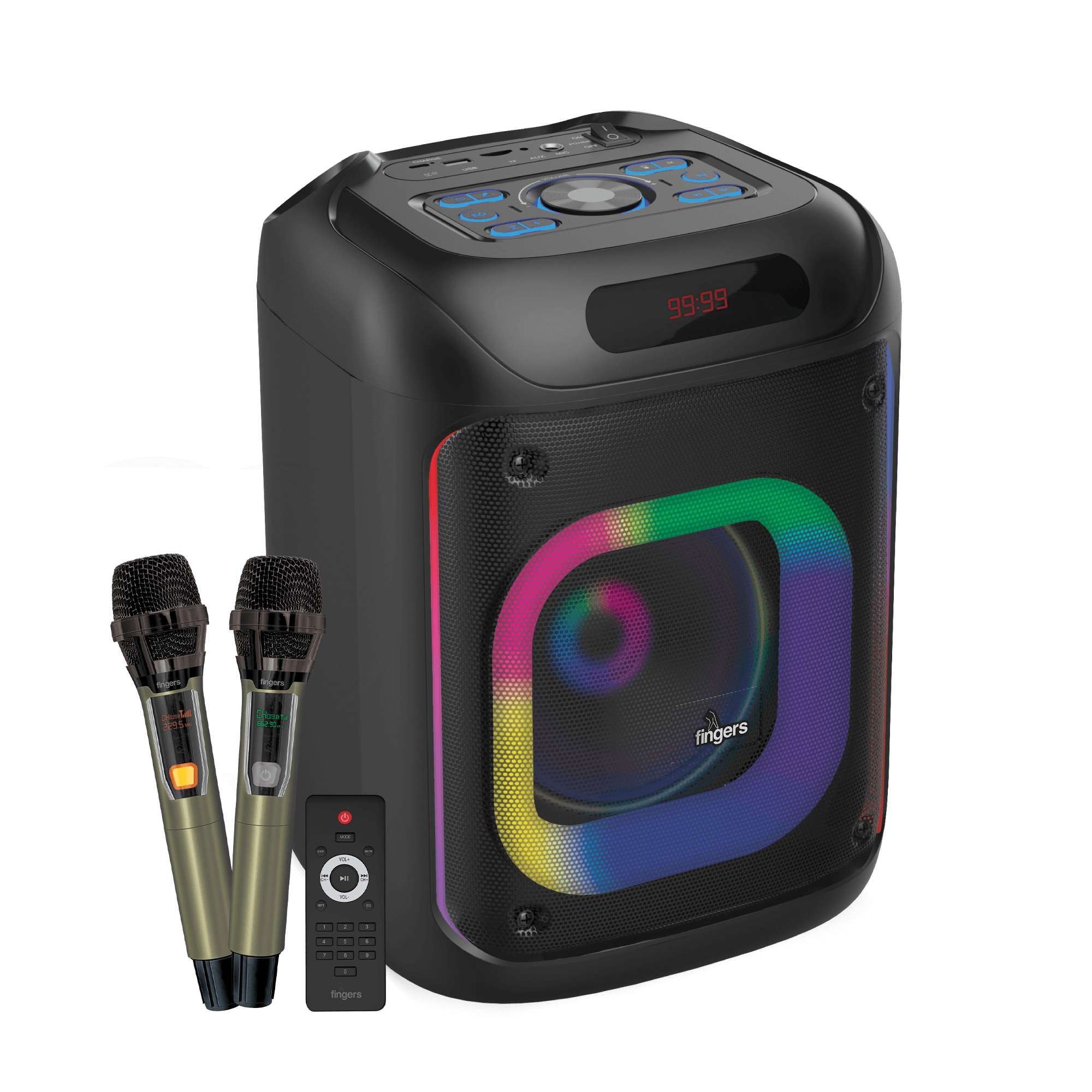 2Mic-ThunderBox45 Portable Speaker With Wireless Mics FINGERS