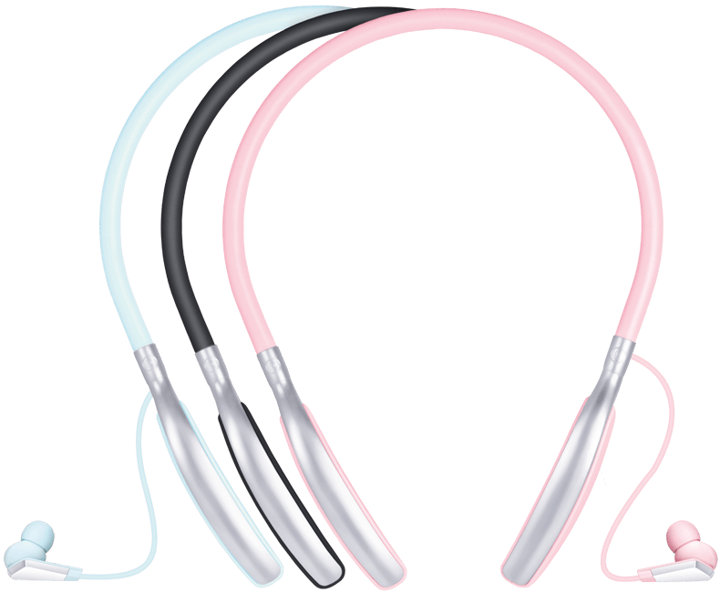 Product shot of FINGERS Miss World Wireless Neckband Earphones in 3 colour variants of Dreamy Blue,  Midnight Black & Blush Pink